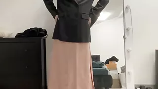 Satin silk beige dress, red trousers and black jacket sissy