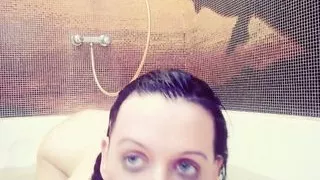 Girl with hairy pussy takes off her panties and bathes in a foam bath