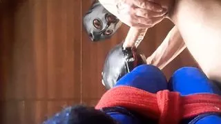 Bound and hooded girl taking big cock in her mouth – oral creampie