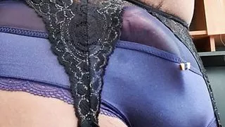 Dark blue satin panties and bra, getting hard on them