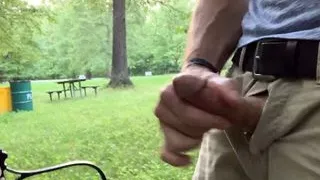 Beating off my hard cock and cumming on the bench