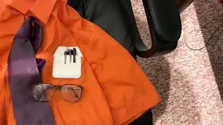 Shooting more cum on my orange shirt and tie.