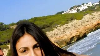 Brunette with pierced nipple and hanging tits takes cum on mouth