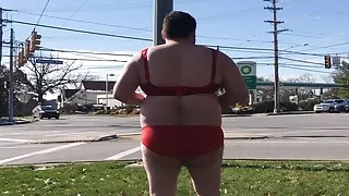 Ryan Geraghty Standing in the Busy intersection in just his Bra and Panties