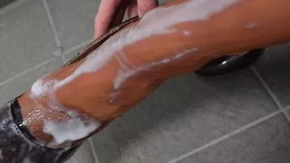 With squirting legs in real nylons and stilettos