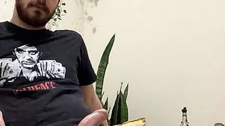 uncut white boy jerking and cumming in his living room