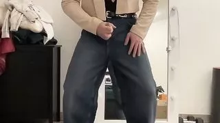 Office tranny in wide leg palazzo flared jeans, shirt body and crop jacket masturbating to be trained to cum in office