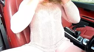 kelly cd in pink dress and pantyhose playing with her new toy in the car