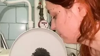 dirty toilet licking, toilet brush, spit from the floor