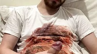 uncut white boy jerking and cumming in bed