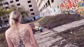 German blonde with small tits and tattoos during an outdoor sex date