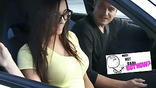 Sexy Hitchhiker with long legs picked up on the street and gets her tight pussy creampied by a guy with a big dick