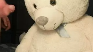 Sex with big teddy bear and cum on face