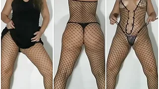 Little dress and black panties, fishnet overalls, striptease