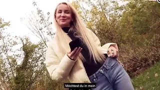 Skinny blonde German Milf with small tits during a public fuck date