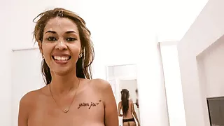 Skinny ebony Latina gets a facial after anal fuck with her boss