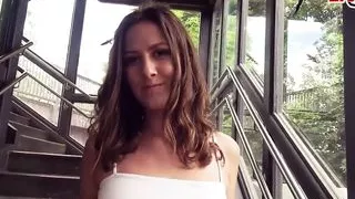 Skinny brunette Teen with small boobs during a public POV Fuck date