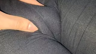 Touching her cameltoe in super tight leggings