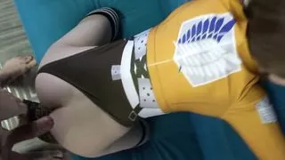 Cosplaying girlfriend bends over for some cumshot