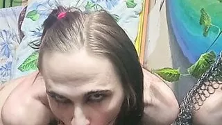 Shemale's jerking fever, cumming in her own mouth