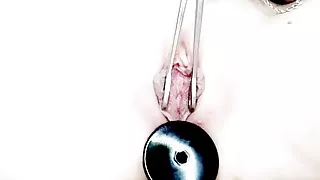 Anal plug in beauty's ass. Opening the labia
