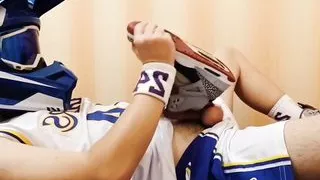 jerking off in a basketball uniform and cumming on a sneaker