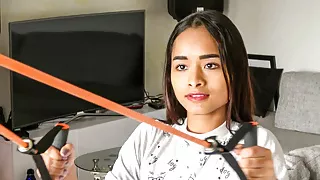 Rich teen flies in famous trainer for tied up pussy stretching