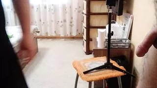 She gives a blowjob and gets a portion of cum on her big tits