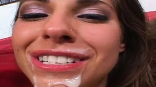 Skinny brunette Teen with small tits gets a cumshot in her mouth after casting sex