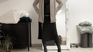 Black satin fetish long dress and silk jacket and high heels overknee boots and my cock hard and horny. Suck me gently