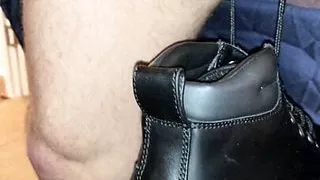 Hairy Pig jacks off playing with his small hairy cock with a boot tied to his balls