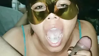 Maira Miler sucking cock, cum in mouth, swallowing semen, insatiable double blowjob and double cumshot