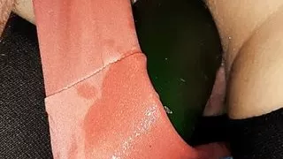 Double penetration with big cucumber