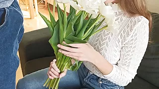 Gave her flowers and stopped being virgin anymore, creampied teen after sex with blowjob