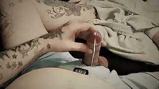 Cum on Couch in blue Boxer Shorts