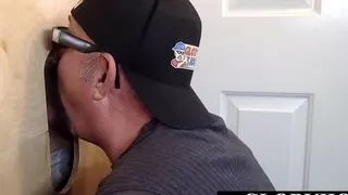 Mature DILF giving gloryhole blowjobs in interracial trio