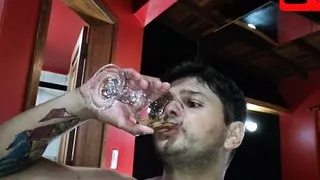 Curious Goddess teen wife with a hairy pussy peeing in the Stella cup for the husband to drink and sucks his dick