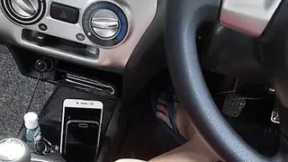 Masturbation wearing satin skirt while driving