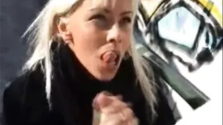 Nikky Blond does Blowjob on Street and rubbing Pussy at Car