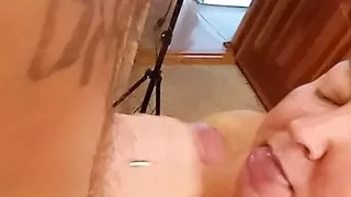 after a shower, blowjob from a milf with an ending in her mouth, close up