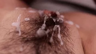 Close up beautiful hairy pussy fuck and cumshot with loud moaning female orgasm
