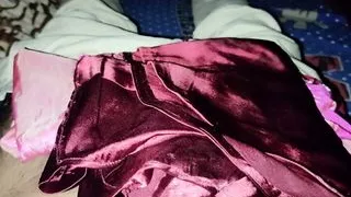 Handjob with maroon satin silky suit of nurse (15)