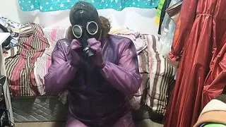 Latex Jelly Loose Purple Body Suit over Swimsuit Gasmask Breathplay Vibrator