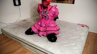 Sissy Maids Self Bondage Armbinder, Gagged and Blindfolded in Chastity and Ballet Boots