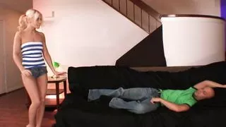 Lucky bald guy with huge cock fucks this tiny young blond slut next door