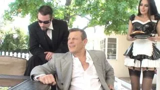 Buff stud gets his huge cock sucked by his stunning maid then fucks outside