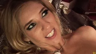 Blond chick having some naughty fun with a tied up guy