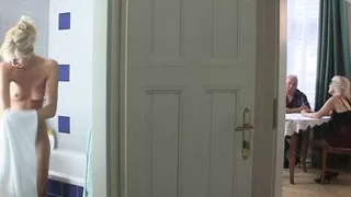 Blond girl rides old dick after bathroom