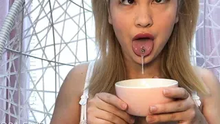 blonde amateur ahegao slut drools in a cup