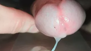 Extreme close-up edging, leaking oiled uncut foreskin wank, multiple cumshots into glass
